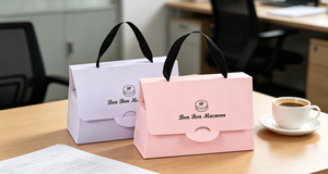 Handheld macaron gift <b>box</b> made of thickened <b>white</b> cardboard with fabric ribbon handles formed by color printing die cutting - Product Image 3