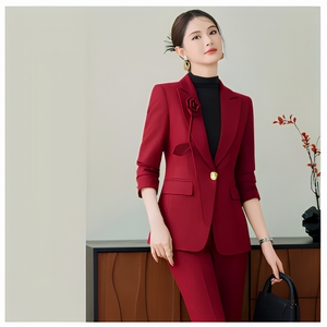 Trajes de Negocios y Boda Premium Borgoña <span class=keywords><strong>para</strong></span> Mujer 2026, Diseño Floral 3D Bordado, Artesanía Elaborada, Conjunto de 2 Piezas de Lana Peinada - Product Image 1