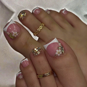 Venta al por mayor 24 piezas cubierta completa diseño <span class=keywords><strong>flores</strong></span> blanco francés <span class=keywords><strong>uñas</strong></span> artificiales de los pies desnudo Rosa dedo del pie <span class=keywords><strong>uñas</strong></span> postizas usable corto forma plana - Product Image 3