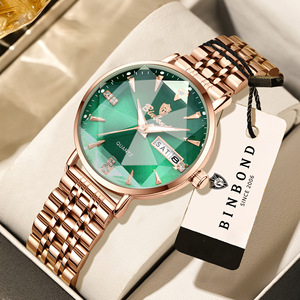 Binbond Women's Quartz Watch Rose Gold Green Dial Diamond Analog Date Display Stainless Steel <b>Bracelet</b> 10mm Thickness - Product Image 1