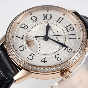 Day Night Function Diamond Bezel Guilloche Dial Leather Strap Polished Metal Case for Daily and Evening Wear - Product Image 3