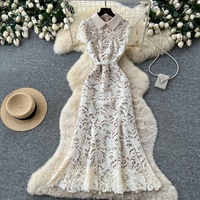 Robe longue décontractée élégante pour femme, en dentelle ajourée, à manches courtes, col rabattu, coupe trapèze, avec ceinture, pour le quotidien