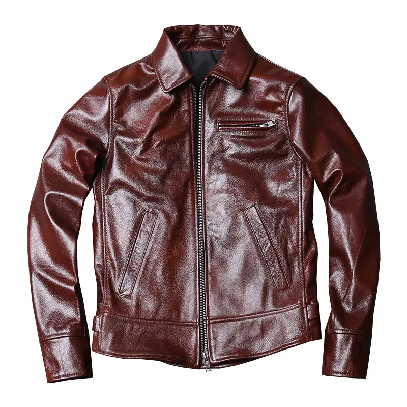 Prezzo di fabbrica giacca in pelle primavera speciale primo strato pelle bovina olio cera corta sottile giacca in pelle da moto da uomo