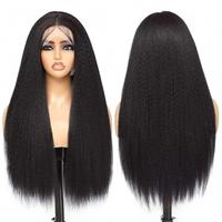 Peluca frontal de encaje sintético de fibra de alta temperatura Yaki Kinky Liso de 28 pulgadas, 13x4, transparente, sin pegamento, 250% de densidad, al por mayor