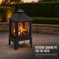 Brasero d'extérieur autoportant moderne avec panneaux en maille, foyer en acier pour bois, grille en fonte et support à bûches