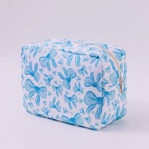 Grande trousse de maquillage personnalisée en coton imperméable avec fermeture éclair, motif nœud imprimé, style Coquette, réutilisable, pour filles - Product Image 3