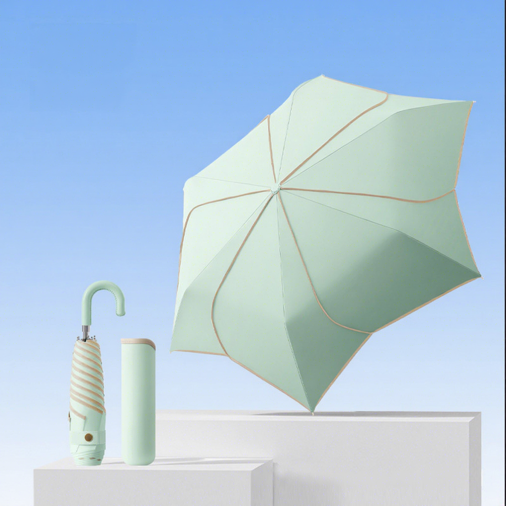 Parapluie à trois pétales à poignée incurvée, vert parfumé et frais