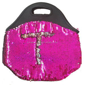 Sparkly Girls Flip paillettes borsa da pranzo isolata in Neoprene da rosa a argento - Product Image 5