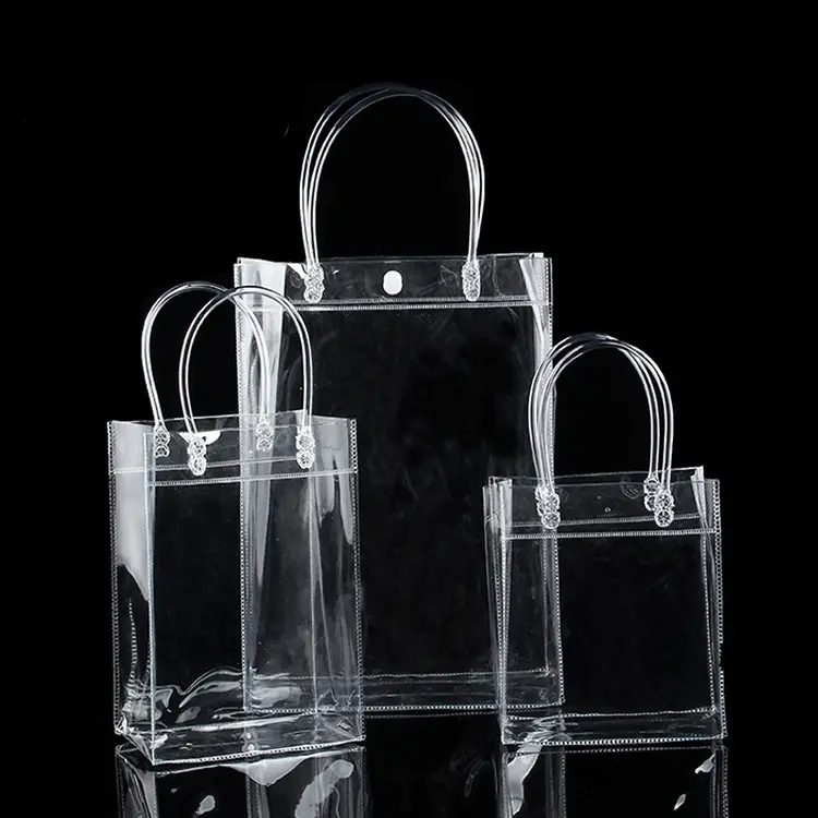 PVC Transparent Button Handbag Plastic Carry Bag Storage Gift Cloth Waterproof Shopping Bag