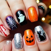 Faux ongles personnalisés pour Halloween, motif taches de sang, squelette, citrouille, fantôme, chauve-souris, bandage, réutilisables pour costume, cosplay, fête