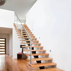 安全内部直行浮动楼梯定制木质踏板和钢化玻璃栏杆楼梯系统