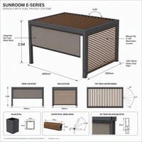 Pergola en aluminium de luxe série E avec persiennes latérales manuelles à effet bois et stores à enroulement motorisés intégrés