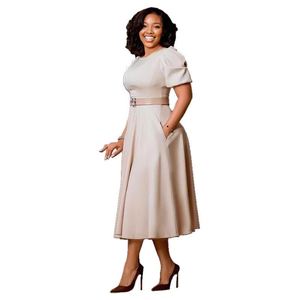 Vestido Maxi de Manga Corta con Cuello Redondo y Cintura Natural, Estilo Africano, Ecológico, Teñido Liso, para Mujer - Product Image 2