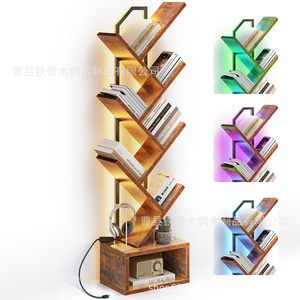 Muyun Wood Products Wooden <b>Tree</b> Bookshelf With <b>Led</b> <b>Lighting</b> For Living Room Bedroom Home Office Retro Style Storage Shelf - Product Image 2