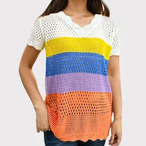 Factory Rainbow Colorful Swimsuit Crochet Summer Swimwear Knit Short Sleeve Pullover Sexy Bikini Cover Up