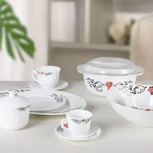 Harga grosir pabrik Cina OEM ODM mewah putih modern applique opal kaca piring makan malam set peralatan makan makan malam