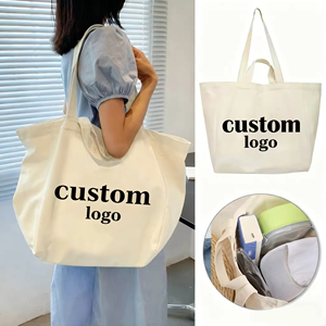 Eco Double Handle Long <b>Extra</b> <b>Large</b> Canvas Tote Bags Custom <b>Print</b> Logo Zipper Closure Versatile Commuting Work Student Class - Product Image 1