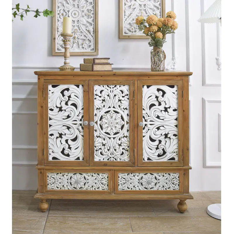 INNOVA Home Rustique Fleur Blanche Sculpté 3 Portes et 2 Tiroirs Salle À Manger Buffet En Bois Accent Armoires De Rangement