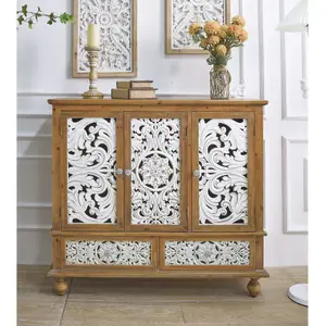 INNOVA Home Rustic White Flower Carved 3 Doors And 2 Drawers Dinning Room Wood Sideboard Accent Storage Cabinets