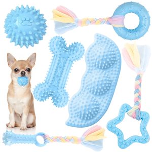 Juguetes para cachorros Petdom para la dentición de perros pequeños, lindos juguetes de goma suave para masticar, divertidos juguetes con forma de hueso, bola y donut, en color azul. - Product Image 1