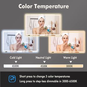 Miroir de salle de bain rectangulaire contemporain à LED intelligent - Miroir de coiffeuse rétroéclairé anti-buée à intensité variable avec commande tactile Bluetooth - Product Image 4