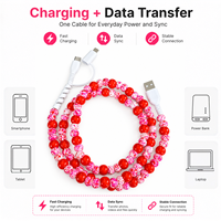 Câble de charge multi-prise USB Type C 3 en 1 avec perles florales roses, cordon de transfert de données