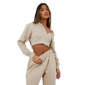 Sudadera con capucha de manga larga con parche de lana sólida informal de Invierno para mujer, ropa deportiva para correr de algodón de 2 piezas - Product Image 1