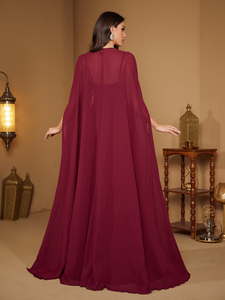 Robe de soirée élégante en deux pièces pour femmes, col <span class=keywords><strong>carré</strong></span>, sequins, patchwork, manches cape, <span class=keywords><strong>coupe</strong></span> ajustée, buste plissé, en mousseline de soie, pour l'été - Product Image 3