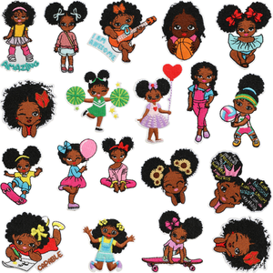 Patch brodé thermocollant en gros pour vêtements, motif fille noire de dessin animé, en tissu sergé, pour casquettes de camionneur, style fille africaine - Product Image 1