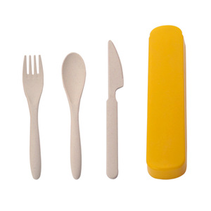 Eco-friendly Wheat Straw Cutlery <b>Set</b> Portable Travel Flatware 3pcs Spoon Fork with Case for Kids School Camping Reusable Utensil - Product Image 1