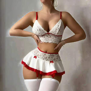 Ensemble de lingerie 2 pièces en dentelle de mousseline blanche respirante taille XXL pour femme, <span class=keywords><strong>mini</strong></span>-jupe transparente, jarretière, nœud décoratif, nuisette sexy, tenue de demoiselle d'honneur - Product Image 5