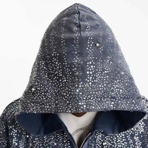 Unisex Solid Pattern <b>Galaxy</b> Rhinestone <b>Hoodie</b> Sparkling Starry Night Zip-Up Tops Enzyme Wash Technique Collar Winter Essentials - Product Image 3