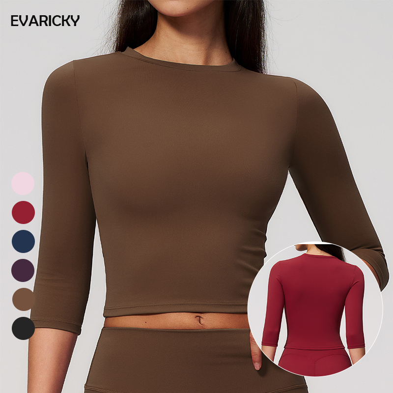 EVARICKY Tight Fitting Fast Dry Sport Sleeve Women Yoga Clothes Round Neck Crop Top Outdoor Sports Running Fitness Workout Top