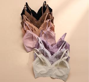 Soutiens-gorge rembourrés sans armatures pour femmes, à bords festonnés, sept couleurs, en soie glacée, sans couture et invisibles, vente en gros - Product Image 6