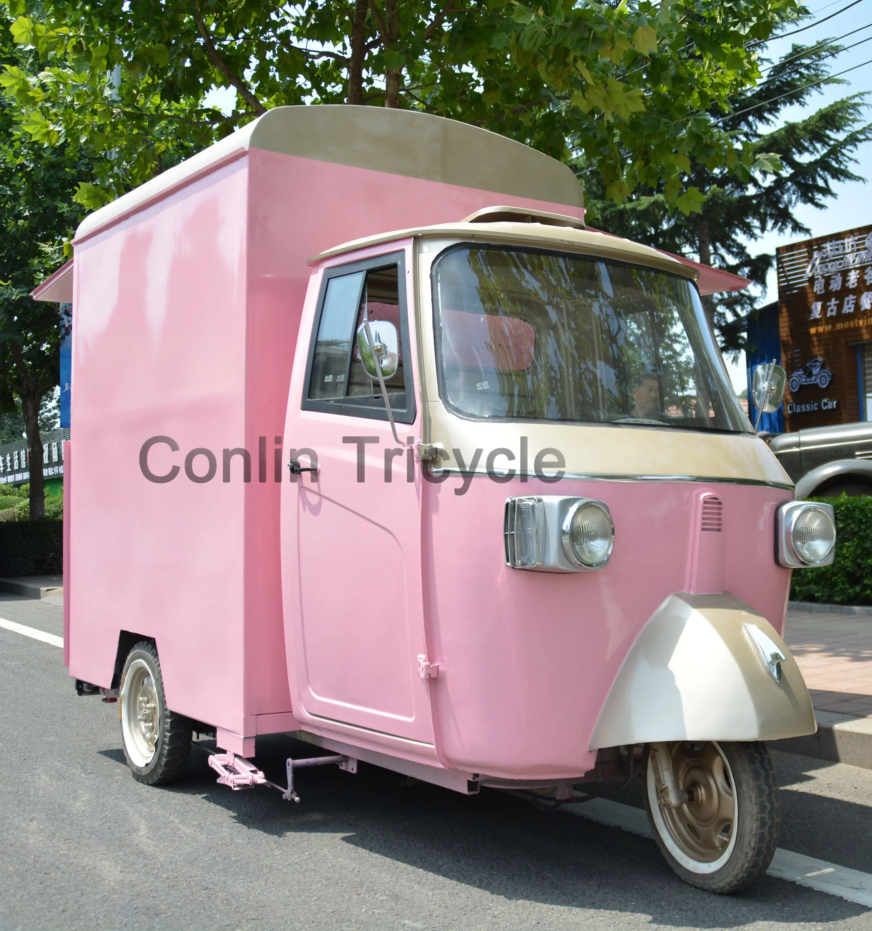 Triciclo con carrito de comida para moto eléctrica, carrito de comida retro, tienda de helados a la venta