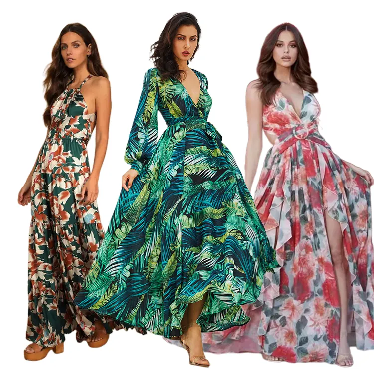 New arrival custom designs women apparel ladies vacation long maxi dresses plus size ropa mujer holiday floral casual dress