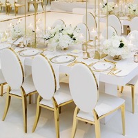 Chaises de Luxe à Dossier Rond en Acier Inoxydable Doré pour Événements, Décoration d'Hôtel, Fêtes, Banquets et Mariages, avec Table
