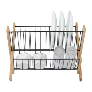 Bamboo Wood Dish <b>Rack</b> Carbon Steel Folding Drainer Kitchen <b>Plate</b> Organizer Square Shape Storage <b>Rack</b> For Drying Utensils - Product Image 1