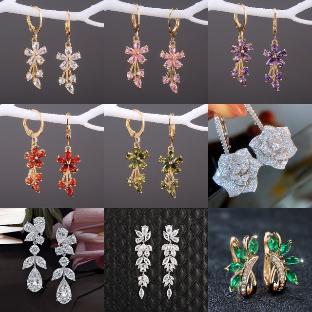 Elegant Women Dangle Earrings with Dazzling Cubic Zirconia Fashion Flower Design Luxury Female Wedding Earrings
