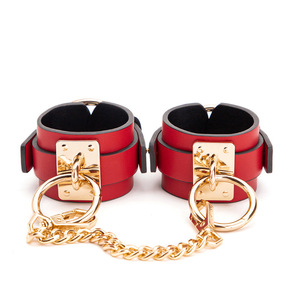 Red PU Handcuffs With Gold Chain And <b>Ring</b> For Adult Domination And Erotic Use - Product Image 1