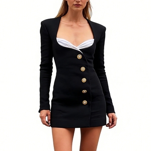 Robe mini noire à volants pour femmes, bordure rayée, col en V, manches longues, coupe ample, décontractée, robes pour femmes, mode - Product Image 3