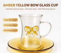 Tasse en verre borosilicate de haute qualité 175 ml, mug 3D jaune ambre avec poignée et soucoupe assortie, résistant à la chaleur pour café, thé, latte