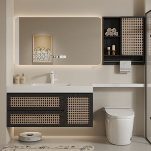 Meuble-lavabo de salle de bain moderne haut de gamme avec panneau de mélamine contraste couleur bloquant les étagères flottantes bassin en céramique fabriqué à la main - Product Image 4