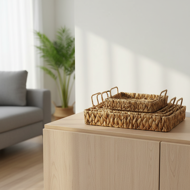 Woven Coffee Table Ottoman Tray with Handles Water Hyacinth Wicker Serving Tray Decorative Storage Basket for Home & Kitchen