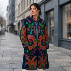 Manteau long en velours Suzani brodé à la main pour femme, bleu roi, motif floral Paisley, veste longue ouverte sur le devant, robe kimono, style bohème, hiver - Product Image 5