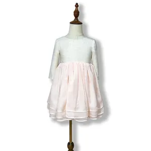 JannyBB Wholesale kids girl dress age 3 to 4 pink & white dress for kids tweed chiffon girl dress