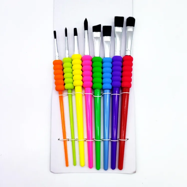 8 pcs 저렴한 가격 도매 어린이 컬러 플라스틱 핸들 연필 그립과 라운드 팁 페인트 브러시