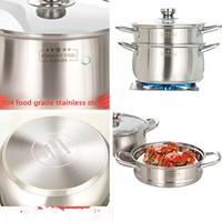 Marmite en acier inoxydable 304 avec couvercle en verre, double poignée, compatible induction, panier vapeur, pour cuisson domestique
