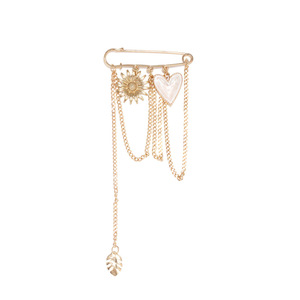 Grande broche de sécurité dorée pour femme, style vintage, avec pendentif cœur et soleil, chaîne à pampilles, boucle anti-exposition pour chemise, accessoire décoratif - Product Image 3