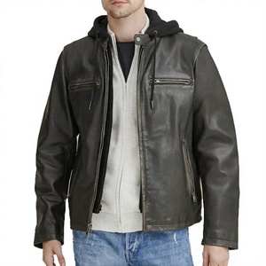 Veste en cuir véritable pour homme avec logo personnalisé, veste bomber vintage à capuche, coupe-vent, veste de motard - Product Image 5
